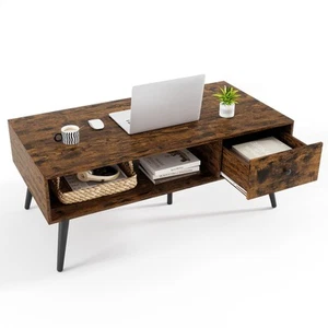 Wooden TV Stand Entertainment Centre Coffee Table Open Shelf Rustic 109 CM Brown - Picture 1 of 6