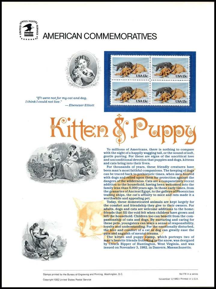 1982 Kitten Puppy household pets cats CP176 commemorative panel 178 MNH Sc 2025 - Image 1 of 1
