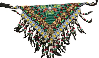 Native American neck scarf Vibrant colors Embellished w/fringe, beads & concho - Image 1 of 4