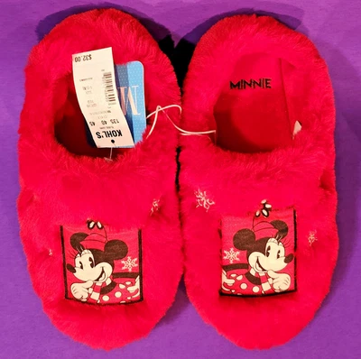 Disneys Minnie Mouse Slippers 5-6 Slides Red Fuzzy Warm Cozy Winter Snowflake - Image 1 of 4