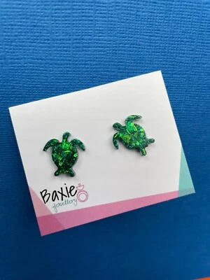 Handmade Resin Stud Earrings Green Glitter Turtle, Marine, Small, Surgical Steel - image 1 of 3