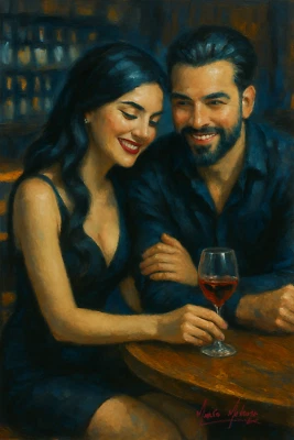 Mario Mendoza Oil Painting Print Canvas Couple in Love Wine Nightclub Art - Image 1 of 4