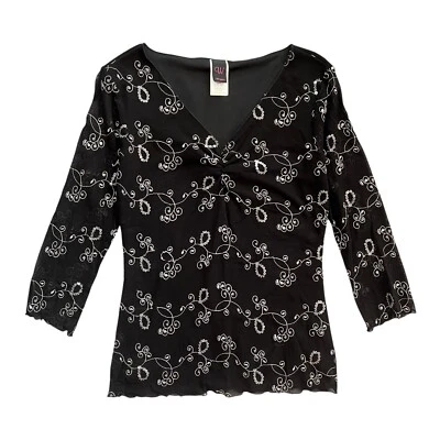 Top de malla de lentejuelas bordadas envoltura Y2K negro mediano hada grunge caprichoso Foto 1 de 4