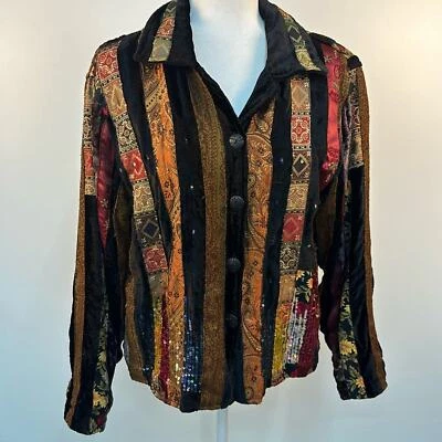 Coldwater Creek Terciopelo Boho Floral Rayas Retazos Lentejuelas Kacket Grande P Foto 1 de 4