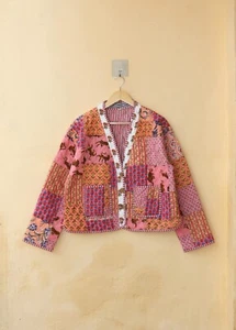 Handmade Cotton Quilted Jacket Patchwork Kimono Style Kantha Women's Boho Coat - Picture 1 of 9