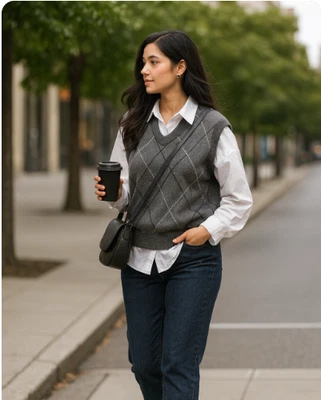 Chaleco Suéter Geoffrey Beene Talla Grande Cuello en V Dinero Antiguo Estilo Argyle Gris Suave Foto 1 de 4