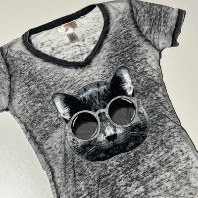 Mighty Fine Indie Sleaze Burnout Graphic Shirt M Gray Cat Sunglasses Y2K T-Shirt - Image 1 of 4