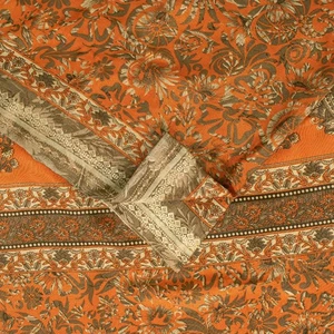Sanskriti Vintage Sarees Orange Moss Crepe Floral Print 5+Yd Sari Indian Fabric - Picture 1 of 12