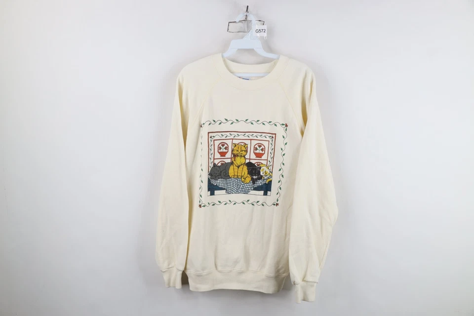 Moletom vintage anos 80 anos 90 streetwear feminino L House gato gatinho gola redonda creme EUA - Imagem 1 de 4