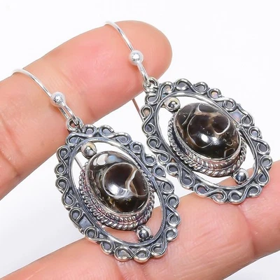 Natural Turritella Fossil Ethnic Gemstone 925 Sterling Silver Earring 2.0" u209 - Imagem 1 de 4