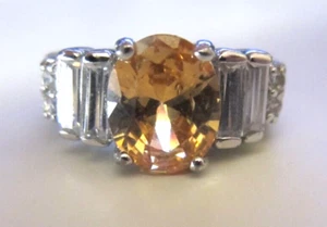 Signed "925" Sterling & Amber Colored Gemstone w/Clear Accents- Ring -Size 7 ☆ - Picture 1 of 5