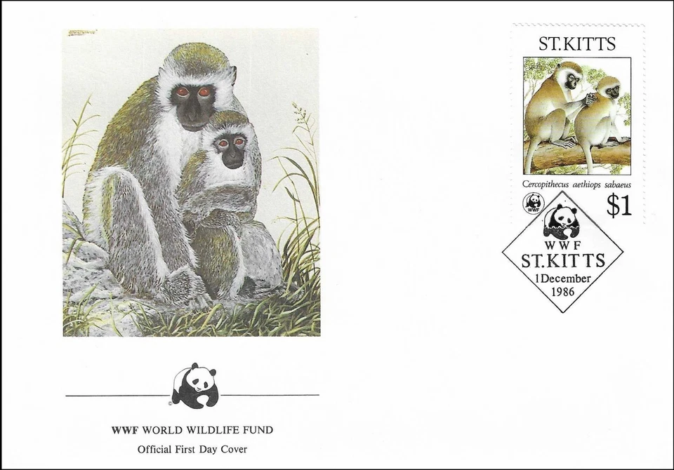 Green Monkey Cercopithecus Aethiops Sabaeus With Baby Saint Kitts FDC Cover 1986 - Image 1 of 1