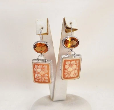 ORECCHINI IN ARGENTO 925 CON CITRINO E CAMMEI IN CORNEOLA RETTANGOLO AGHT 0558 - Immagine 1 di 3