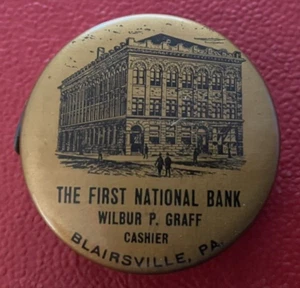 Vintage FIRST NATIONAL BANK Blairsville Pa Celluloid Tape Measure 1915 Graff Cas - Picture 1 of 9