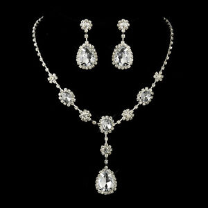 Bridal Wedding Silver Stone Floral Necklace & Drop Earrings Brides Jewelry set