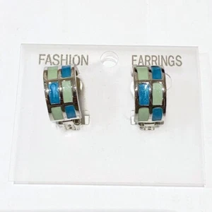 Clip On Earrings Blue White Silver Unpierced Cuff Small 1cm Thick Accessories - Picture 1 of 7