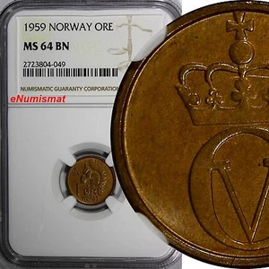 NORWAY Olav V 1959 1 ORE NGC MS64 BN  BETTER DATE TOP GRADED BY NGC KM# 403 (49) - Picture 1 of 4