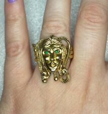 Gold Tone Green Rhinestone Eyes Ring Vintage Medusa Scorpio Lady Face Ring