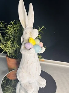 Hand Carved Bunny Rabbit Statue Holding Easter Eggs Pastel Cute Whimsical - Picture 1 of 4