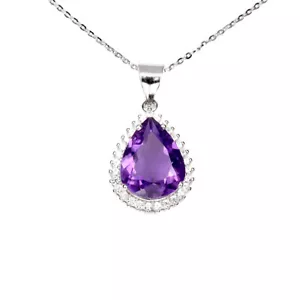 925 Argento Sterling Collana Pera Ametista 16x12mm Bianco Zircone Gemma Gioielli - Foto 1 di 14