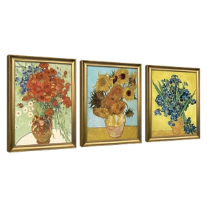 Framed 3 Panel Canvas Art of Van Gogh Red Poppies and Daisies Sunflower Irises - Picture 1 of 5