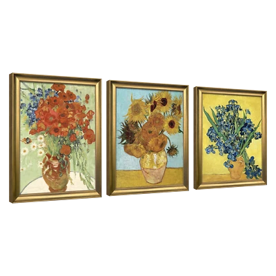 Framed 3 Panel Canvas Art of Van Gogh Red Poppies and Daisies Sunflower Irises - Image 1 of 4