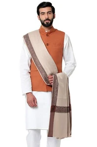 Men's Kashmiri Woven Border Woolen Lohi Shawl Stole Wrap Beige 50" X 100" - Picture 1 of 4