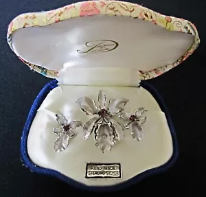 1960s DIXELLE Sterling Silver IRIS EARRINGS & BROOCH w/Amethyst & Crystal Jewels - Picture 1 of 8