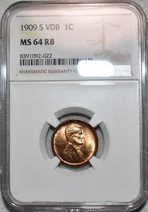 NGC MS-64 RB 1909-S VDB Lincoln Cent, Cartwheeling, Nearly Full-Red, Key-Date! - Picture 1 of 4