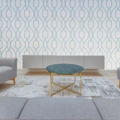 Papel pintado geográfico moderno líneas geométricas contemporáneo rollo blanco verde azulado enrejado 3D Foto 1 de 4