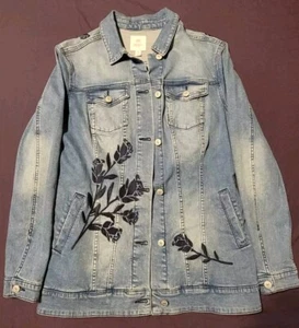 Lularoe Women's Jaxon Size Medium Jean Jacket Floral Rose Embroidered Denim Coat - Picture 1 of 7