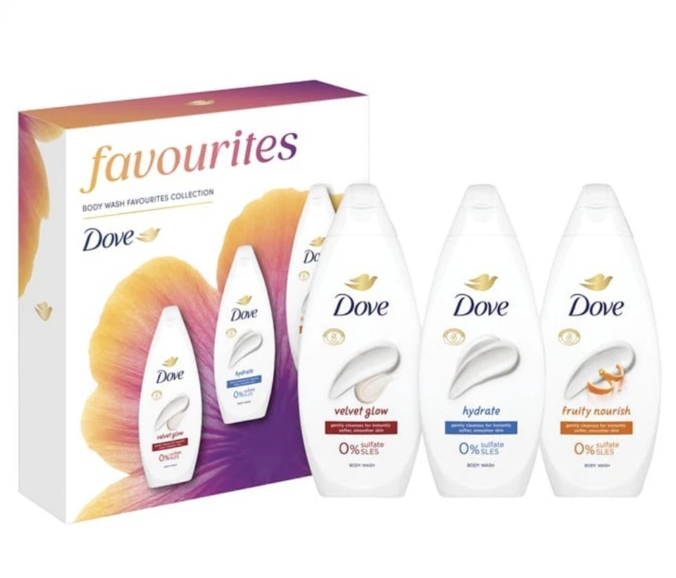Dove Body Wash Trio Gift Set - Favourites, Hydrate, Velvet Glow, Fruity Nourish