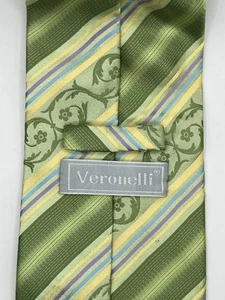 VERONELLI POLYESTER LIME GREEN YELLOW STRIPED FLORAL NECKTIE 4" WIDE SPRING - Picture 1 of 8