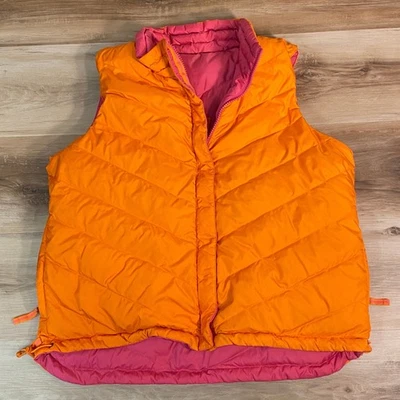 Chaleco acolchado reversible Coldwater Creek naranja rosa plumón de ganso para mujer mediano Foto 1 de 4