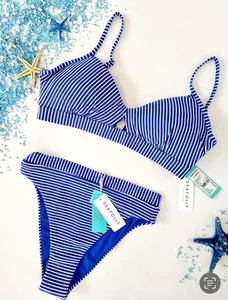 Conjunto de bikini Seafolly Gooverboard talla 42/40 rayas cobalto bralette tiro alto panty - Imagen 1 de 9