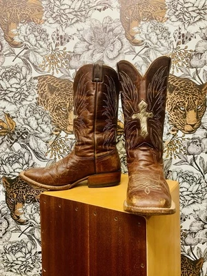 Larry Mahan Brown Leather Cowboy Boots Calf Hair Cross | Size 8 B - Image 1 of 4