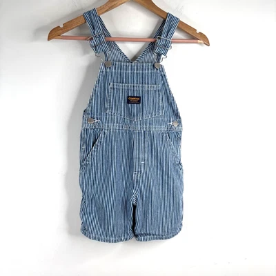 VTG OshKosh BGosh Railroad Stripe Short Overalls 4T Vestbak Bibs Retro Fisherman - Image 1 of 4