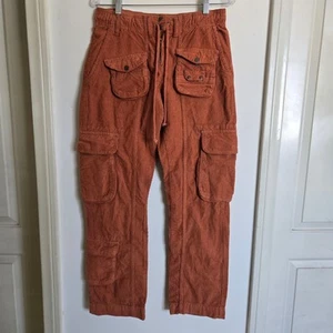 Free People XS Tahiti Cord Cargo Pants Rust Orange High Rise Utility Pockets - Picture 1 of 9