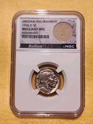 🔥 1936-D NGC Brilliant Unc 5C Buffalo Nickel Original Bag Fragment 🔥 - Image 1 of 4