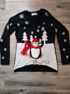 Tiara International Christmas Sweater Womens Size Large Penguin Black White  - Picture 1 of 10