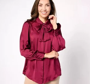 Dennis Basso Button-Front Blouse with Tie Neck Raspberry 1X A628191 - Picture 1 of 12