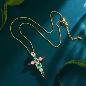 Luxury Gold Color Multi Color CZ Cross Pendant Necklace for Women Fashion Gift - Picture 1 of 15
