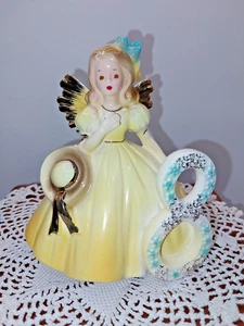 Vintage Josef Originale Geburtstag Mädchen Winkel Porzellan Puppe 8 Jahre blaue Blumen - Bild 1 von 7