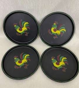 Set of 4 Vintage Nash Co Handpainted Rooster Metal Tole Trays 8” - Picture 1 of 8