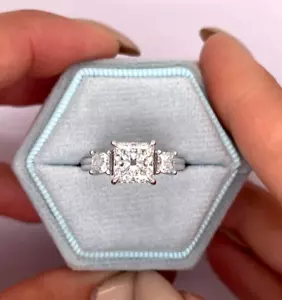 2.10Ct Princess Cut Certified Lab Grown Diamond Three Stone Ring 14kt White Gold - Picture 1 of 19