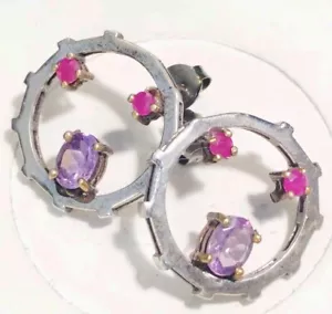 Earrings Amethyst, Ruby, 925 Sterling Silver Butterfly - Picture 1 of 5