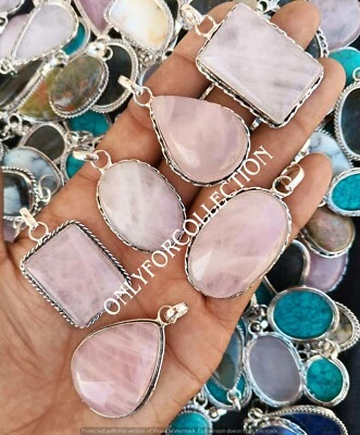 Lote de colgantes unisex hechos a mano con piedras preciosas de cuarzo rosa enchapados en plata de ley 925 Foto 1 de 3