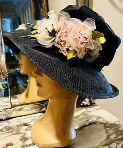 Wonderful Vintage Noreen Black Silk & Straw Hat Big Pink Silk Roses - Picture 1 of 7