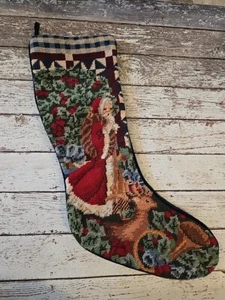 Vintage Needlepoint Santa Christmas Stocking Blue Velvet 19" - Picture 1 of 3