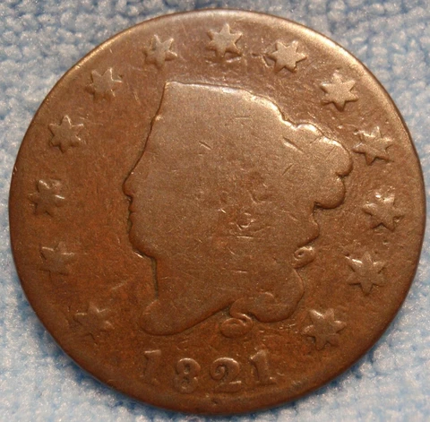 Large One 1 Cent/Penny 1821 mid grade original KEY Date Cover